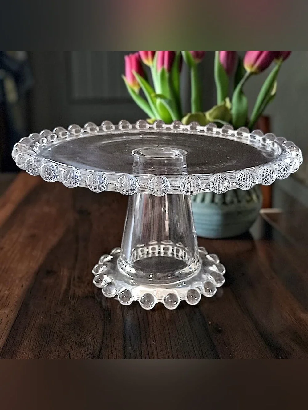 Crystal Glass Beaded Edge Cake Stand Pedestal Cupcake Dessert Display Wedding